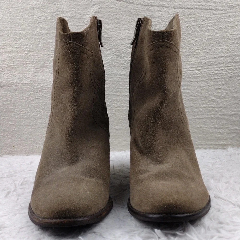 BCBGeneration Santina Taupe Suede Leather Pointy Toe Stacked Heel Ankle Boot